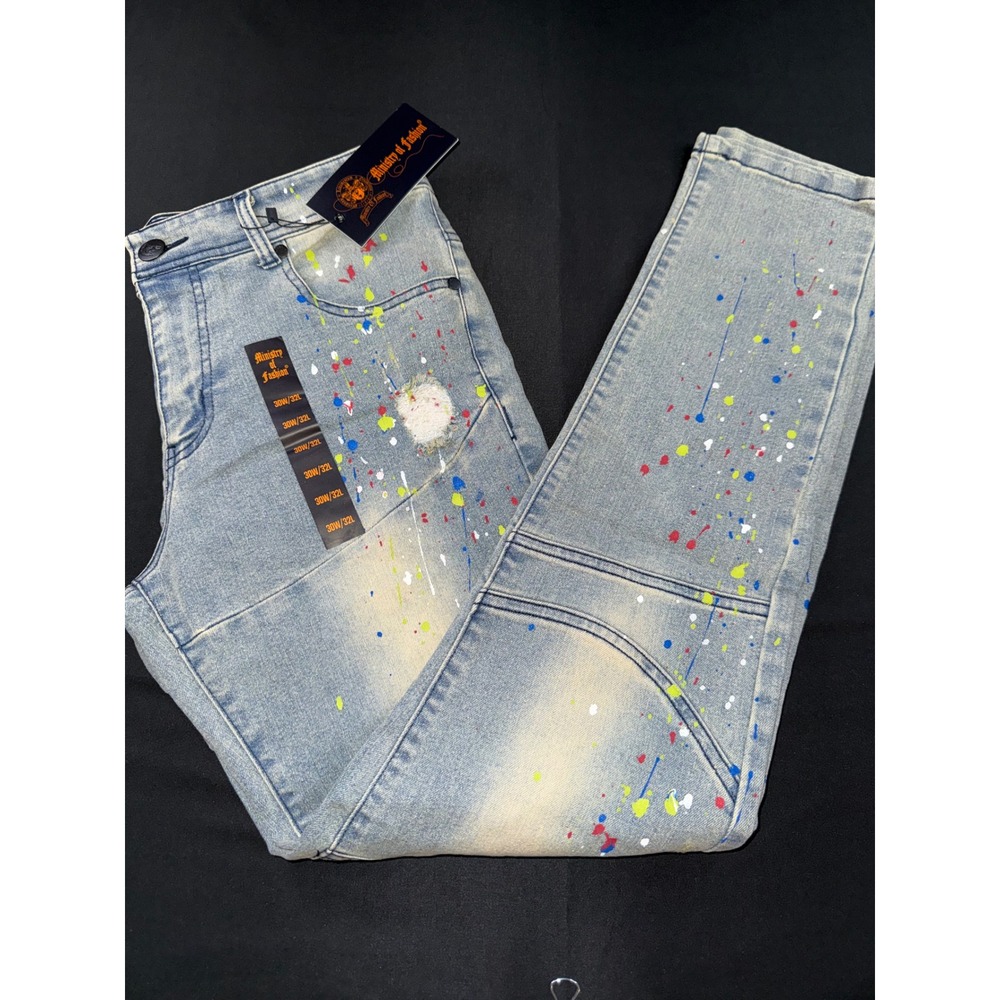 Ministry of Fashion Mens Skinny Fit Paint Splatter Distressed Jeans 30x32 Indigo